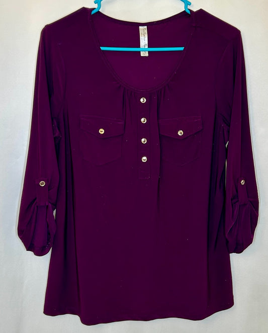Perseption Purple V-Neck flowy Gold Color Hardware Blouse Women's Size Large