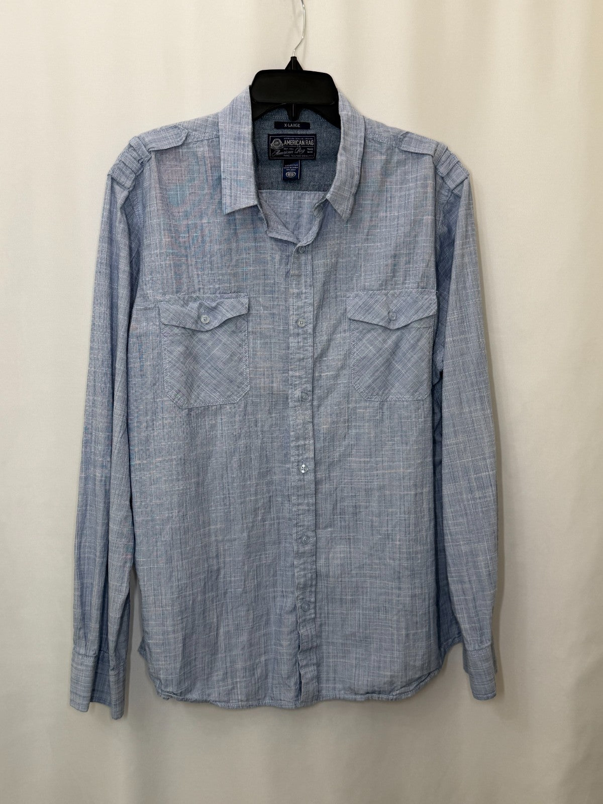 American Rag Mens Shirt XL Blue Chambray Crosshatch Long Sleeve Double Pocket