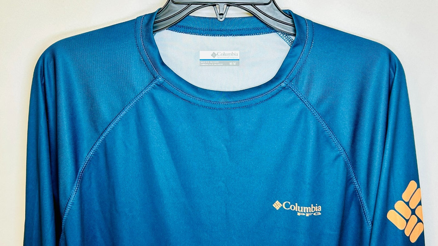 Columbia Fishing Shirt Mens Long Sleeve Fish USA Flag Blue Size Medium