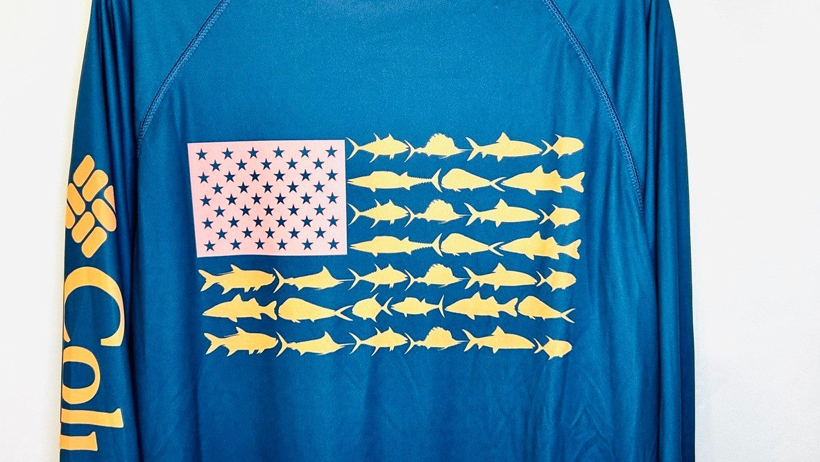 Columbia Fishing Shirt Mens Long Sleeve Fish USA Flag Blue Size Medium
