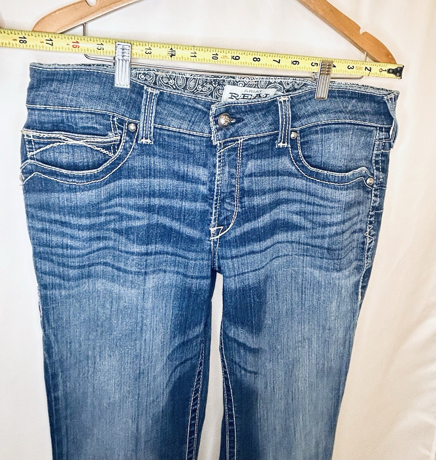 Ariat Real Jeans Women's 33R Blue Denim Mid Rise Bootcut Marine Entwined Stitch