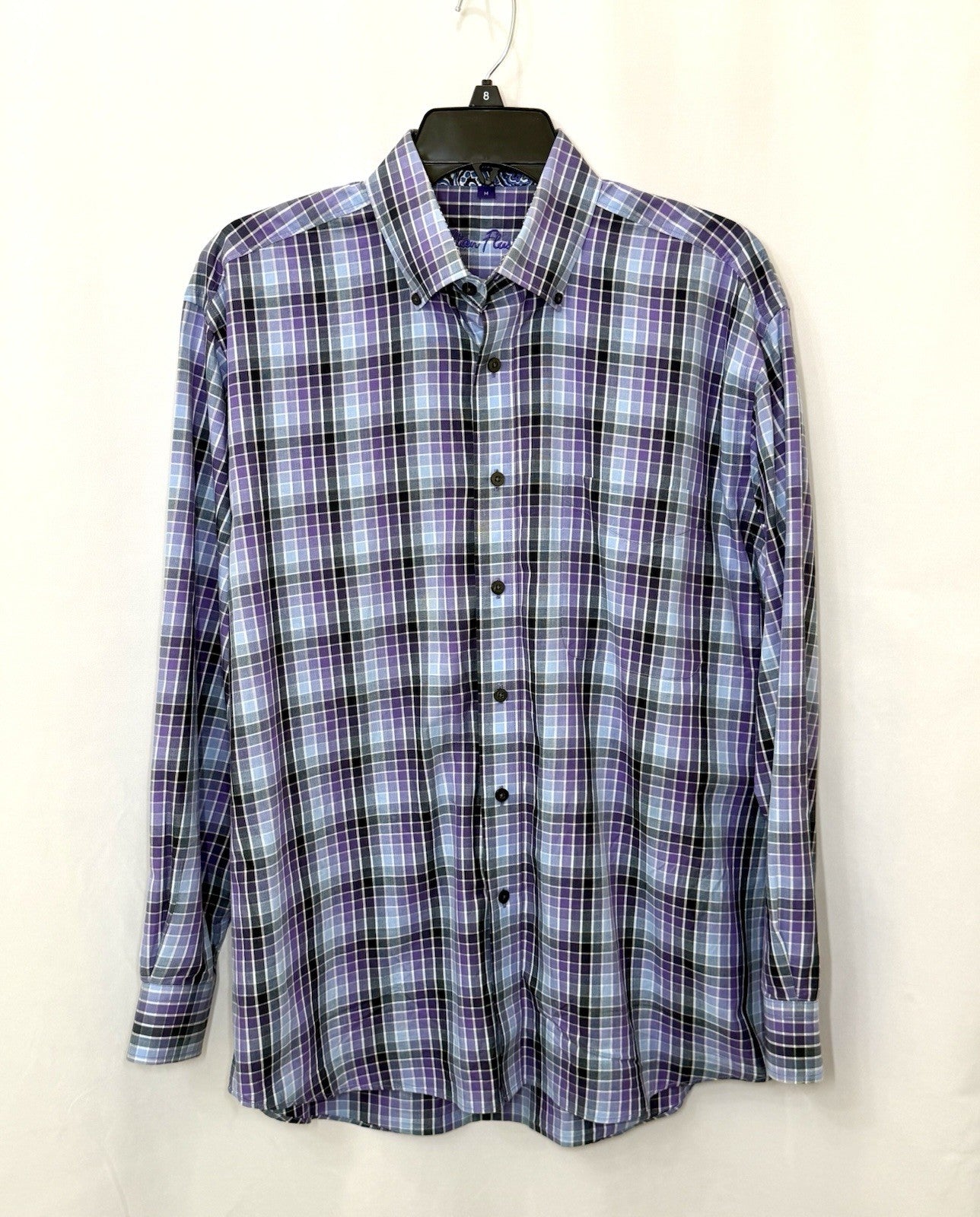 Alan Flusser Mens Medium M Purple Plaid Paisley Trim LS Button Front Sport Shirt