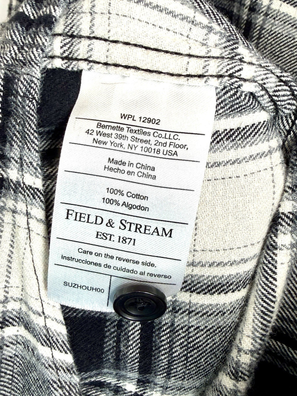 FIELD & STREAM Mens XL Flannel Shirt Black White Plaid Long Sleeve Heavyweight