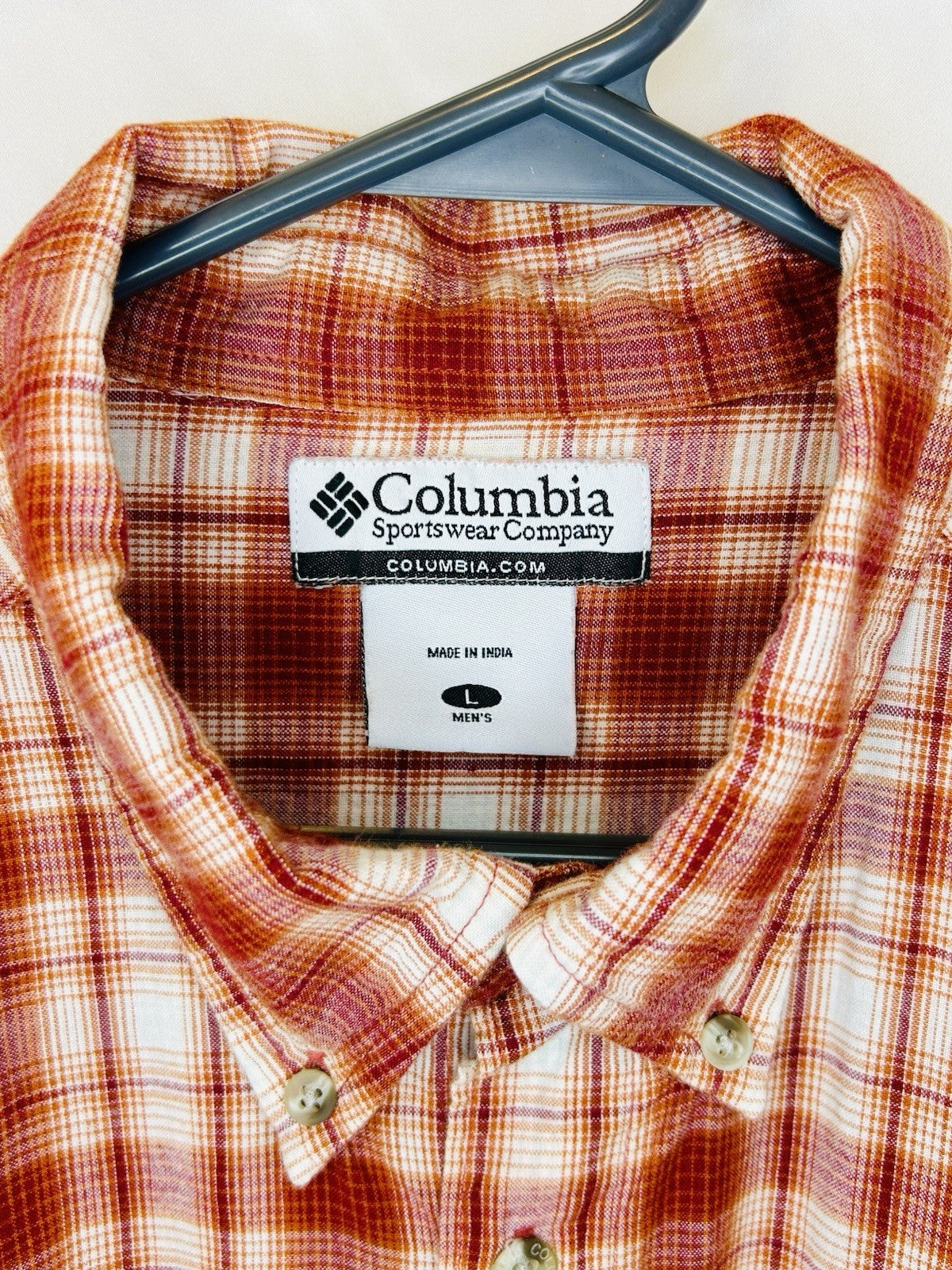 Columbia Plaid Button Up Shirt Short Sleeve Outdoor Casual Red White Large