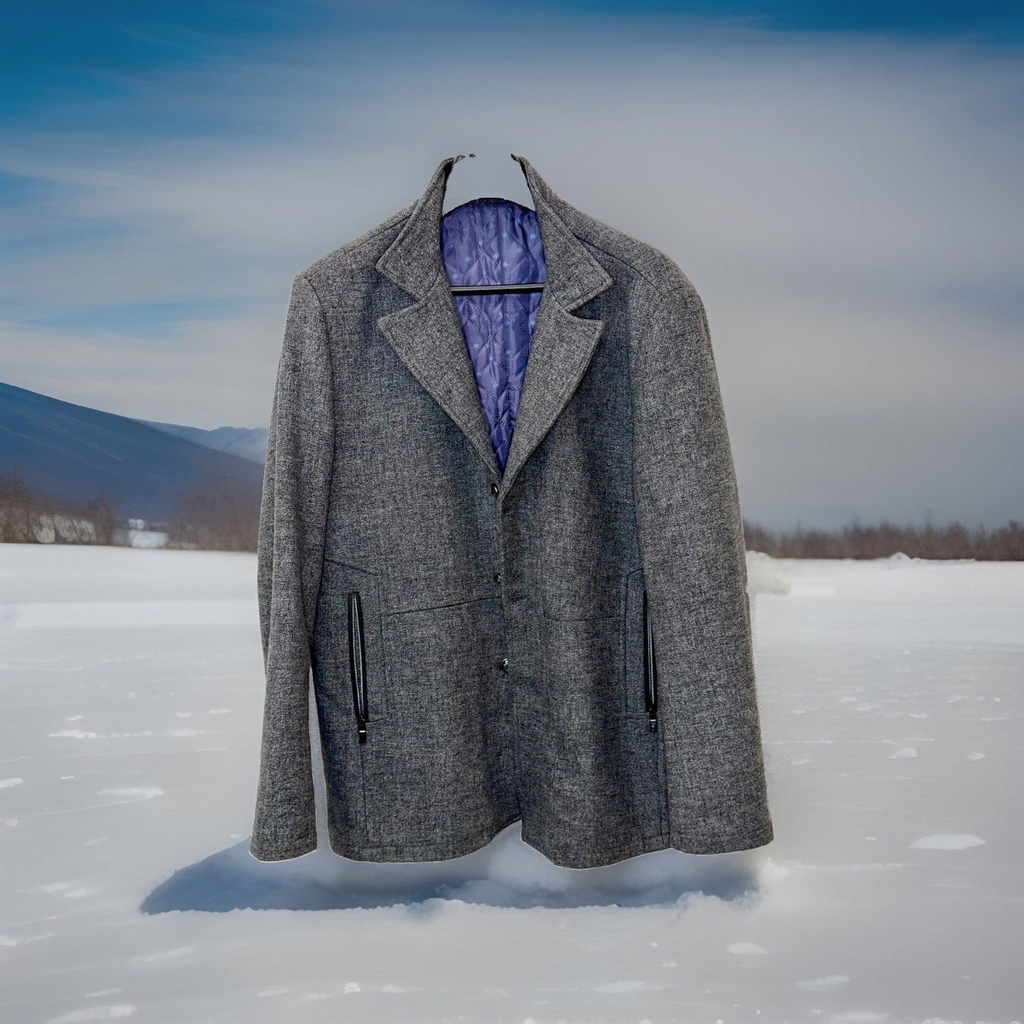 Jingpinfushi Mens L Wool Blend Overcoat Gray Quilted Lined 3 Button Coat Jacket