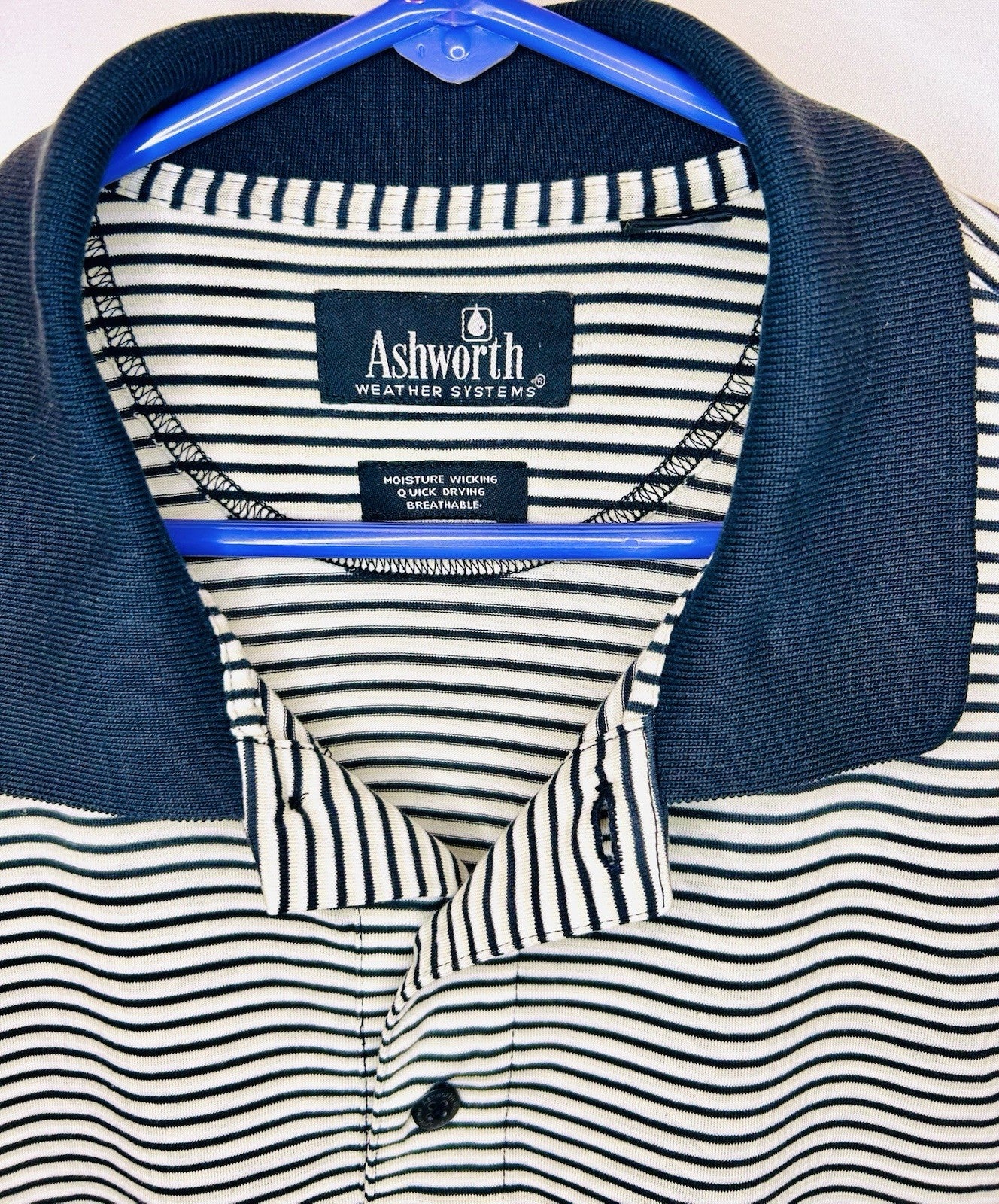 Ashworth Polo Striped Golf Shirt - White/Navy - Men’s XL - Breathable