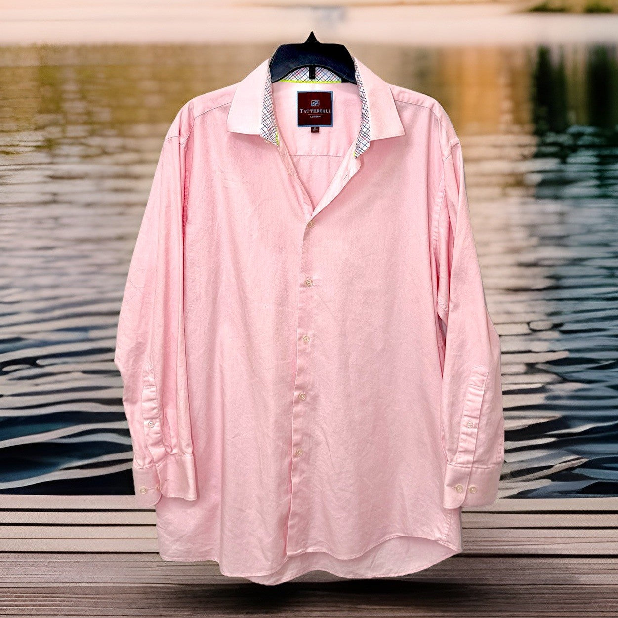 Tattersal London shirt men's large 17 32-33 pink white check long sleeve