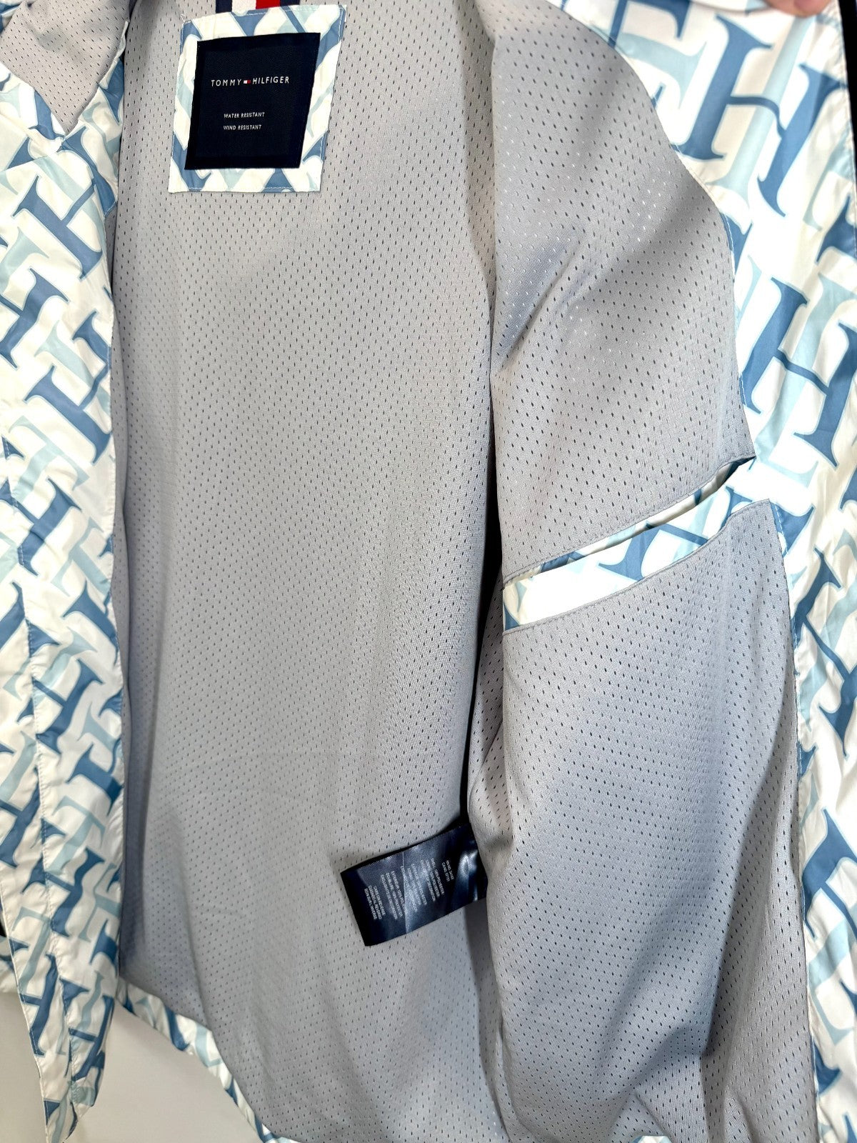Tommy Hilfiger Womens M Windbreaker Jacket Hooded Monogram Print Water Resistant