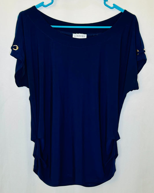 Luxology top Sz M Blue boxy ruched cold shoulder short sleeve Karen Scott