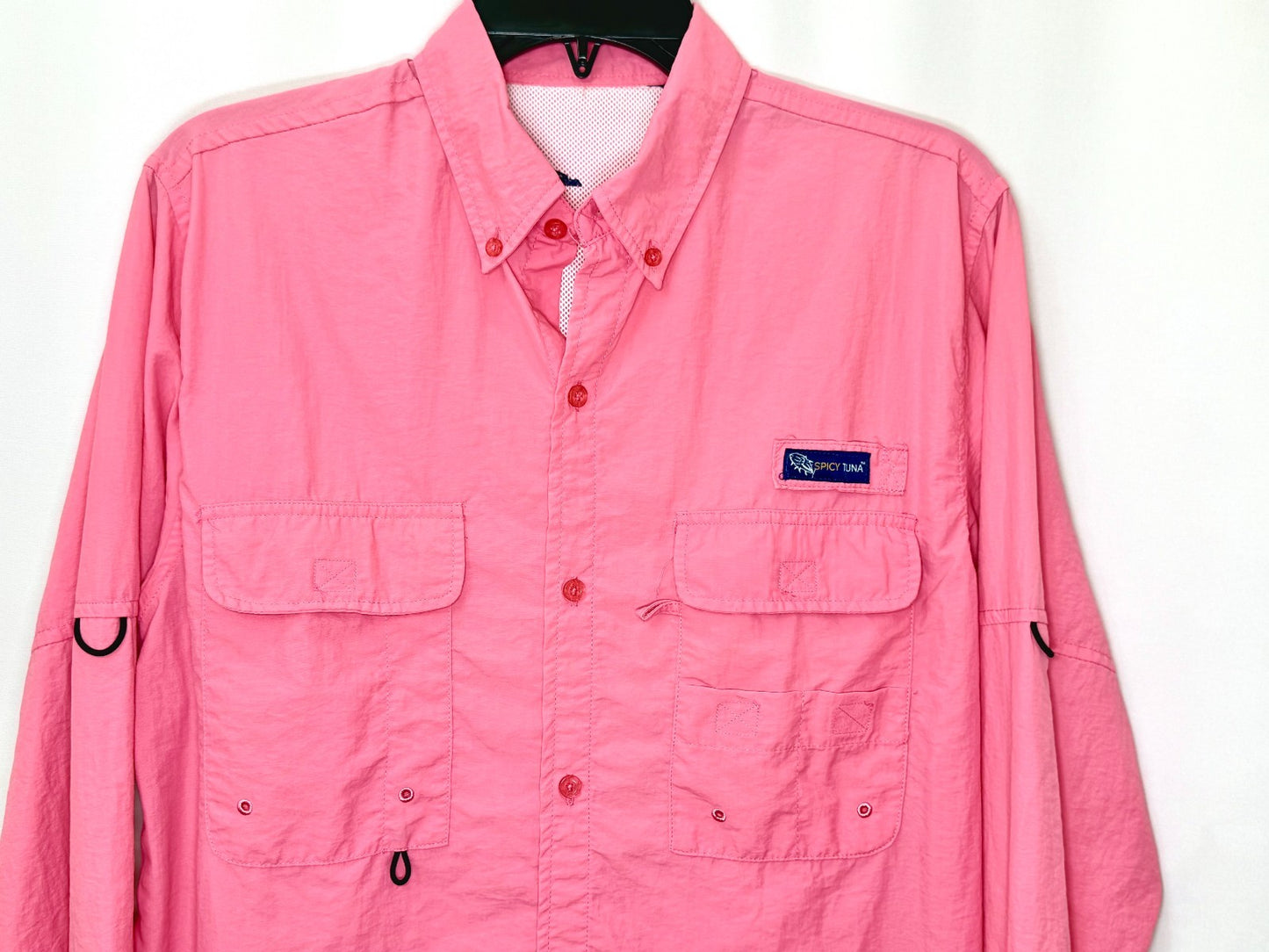 Spicy Tuna Fishing Shirt Mens Vented Back Long Sleeve Nylon Pink Sun Protection
