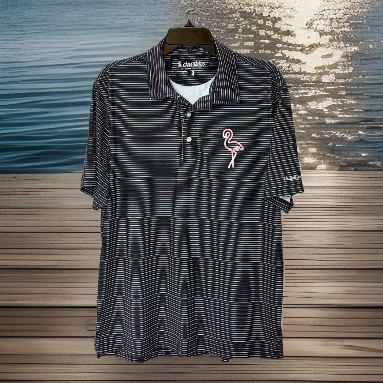 Chubbies Performance Golf Polo Shirt Navy Blue Striped Flamingo Mens M Medium