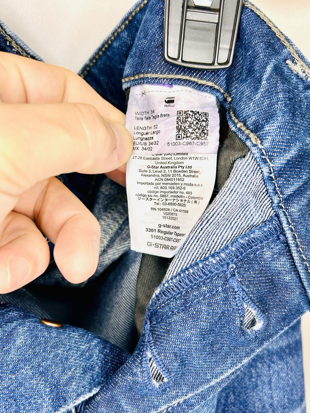 G-Star Raw Jeans Men’s 34x32 Blue Denim Slim 3301 Regular Tapered