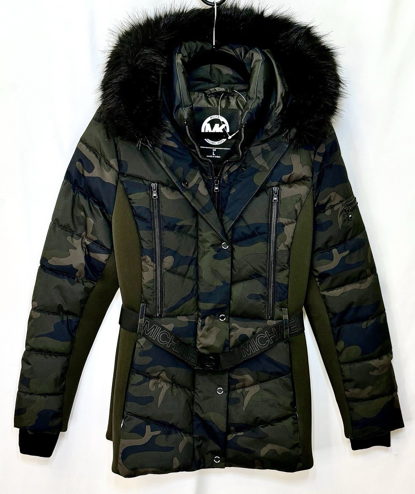 Michael Kors Camo Puffer Faux Fur Trim Hooded Coat Jacket Belted Size Large NWOT