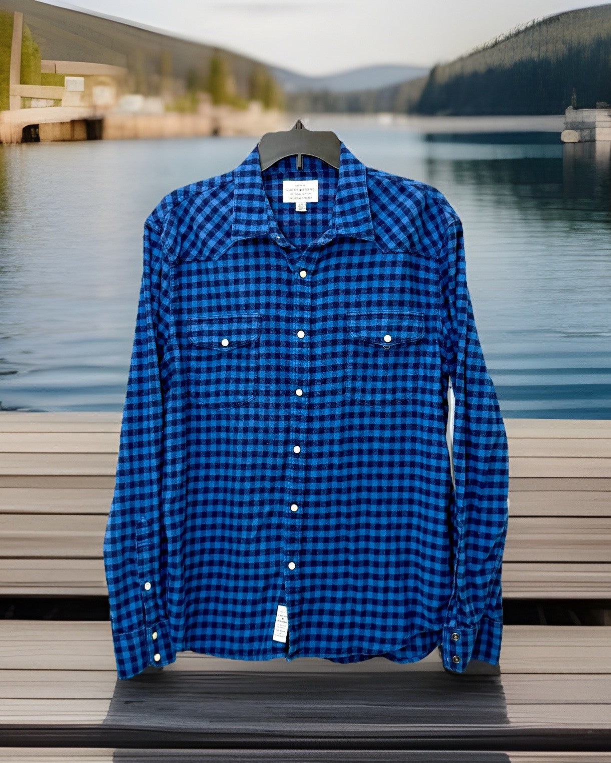 Lucky Brand Saturday Stretch Blue Plaid Men’s Large Pearl Snap Flannel Shirt