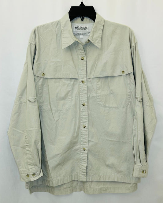 Columbia PFG Beige Long Sleeve Fishing Shirt Mens Size Large Vented Outdoors `
