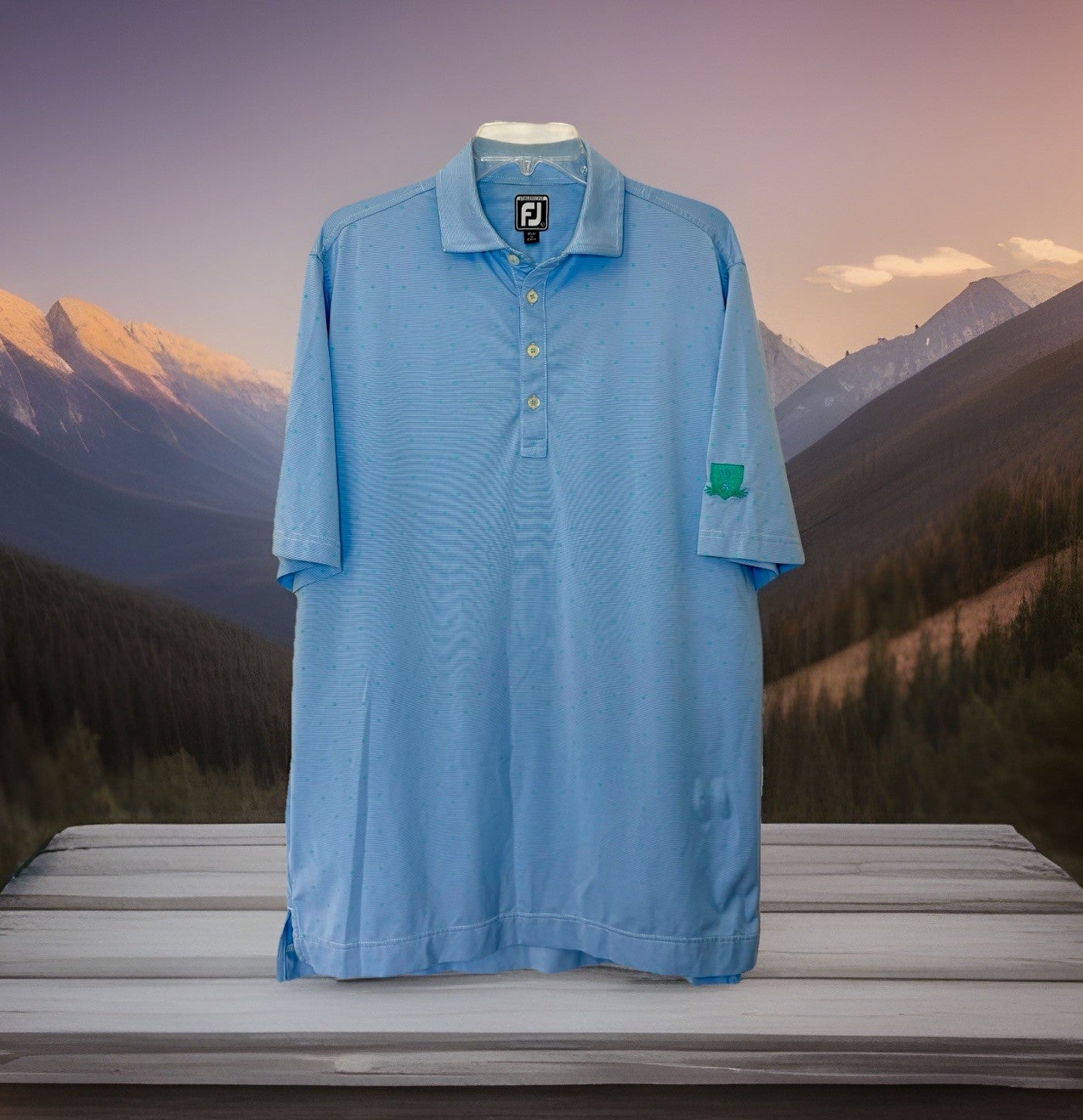 FootJoy FJ Polo Blue With Green Polka Dots WP Golf Course Crest Men’s Shirt L