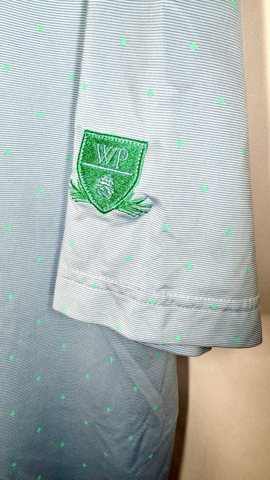 FootJoy FJ Polo Blue With Green Polka Dots WP Golf Course Crest Men’s Shirt L