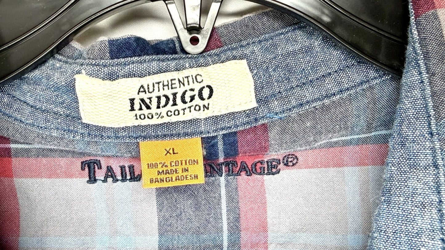 Taylor Vintage Indigo Shirt Blue Plaid L/S Button Up Pockets Cotton Men’s Sz XL