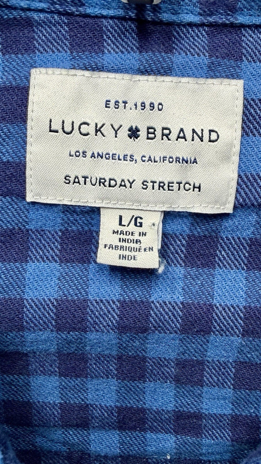 Lucky Brand Saturday Stretch Blue Plaid Men’s Large Pearl Snap Flannel Shirt