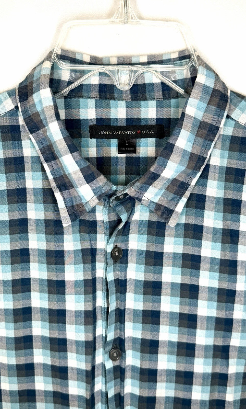 John Varvatos USA Mens Size Large Blue Check Short Sleeve Button Up Shirt