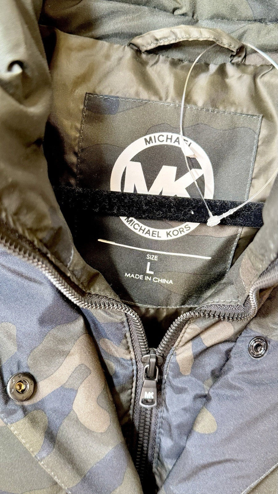 Michael Kors Camo Puffer Faux Fur Trim Hooded Coat Jacket Belted Size Large NWOT