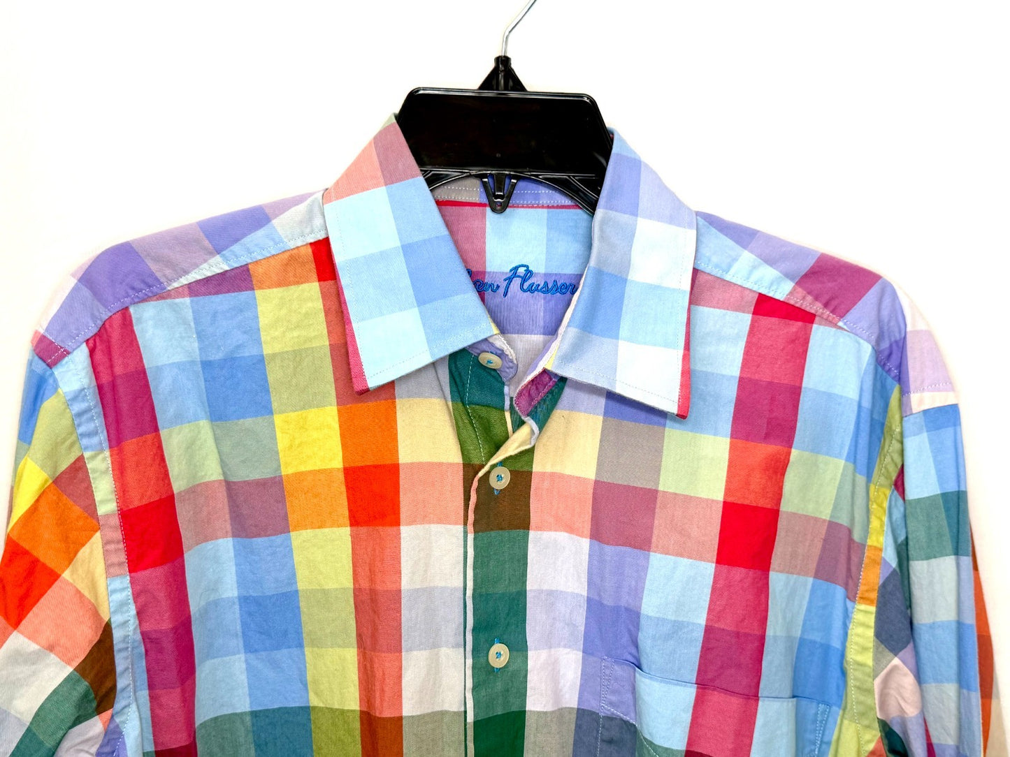 Alan Flusser multi-color rainbow plaid button-down shirt is a size Small