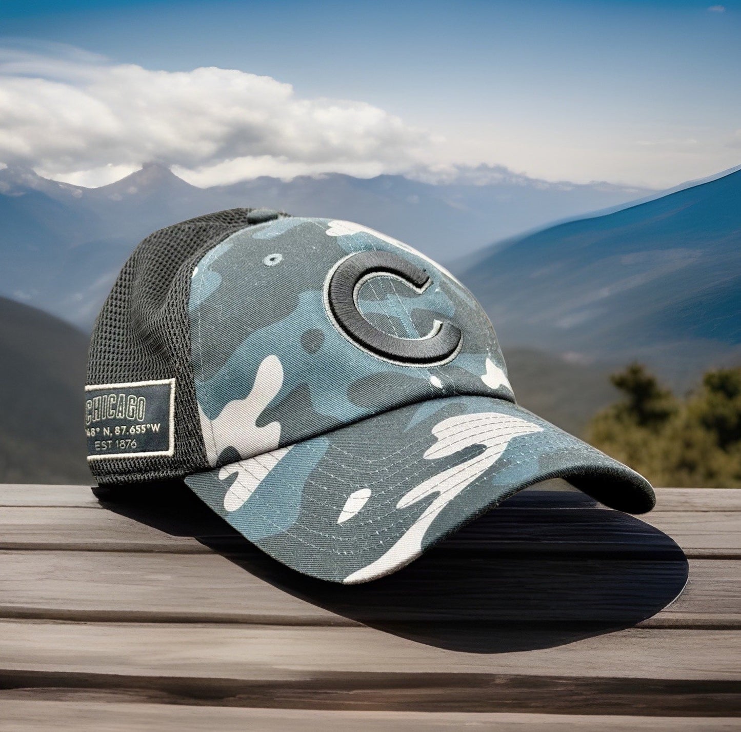 Chicago Cubs Fanatics Brand Camo Trucker Adjustable Hat Coordinates Patch