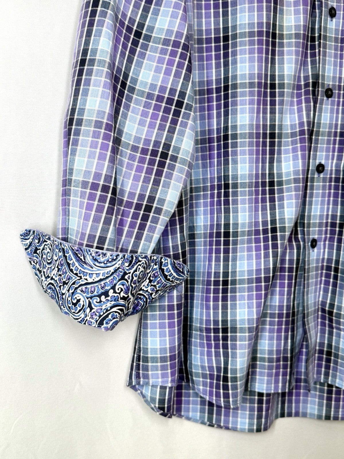 Alan Flusser Mens Medium M Purple Plaid Paisley Trim LS Button Front Sport Shirt