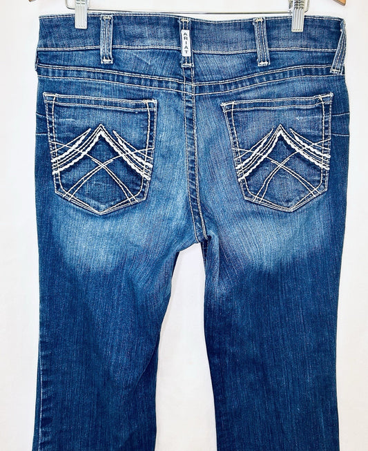 Ariat Real Jeans Women's 33R Blue Denim Mid Rise Bootcut Marine Entwined Stitch
