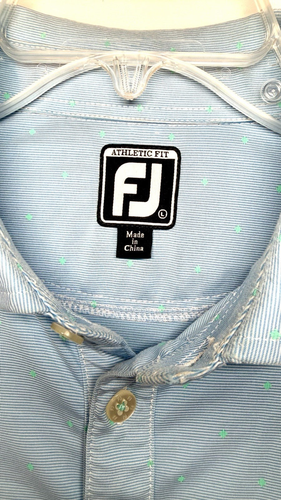 FootJoy FJ Polo Blue With Green Polka Dots WP Golf Course Crest Men’s Shirt L