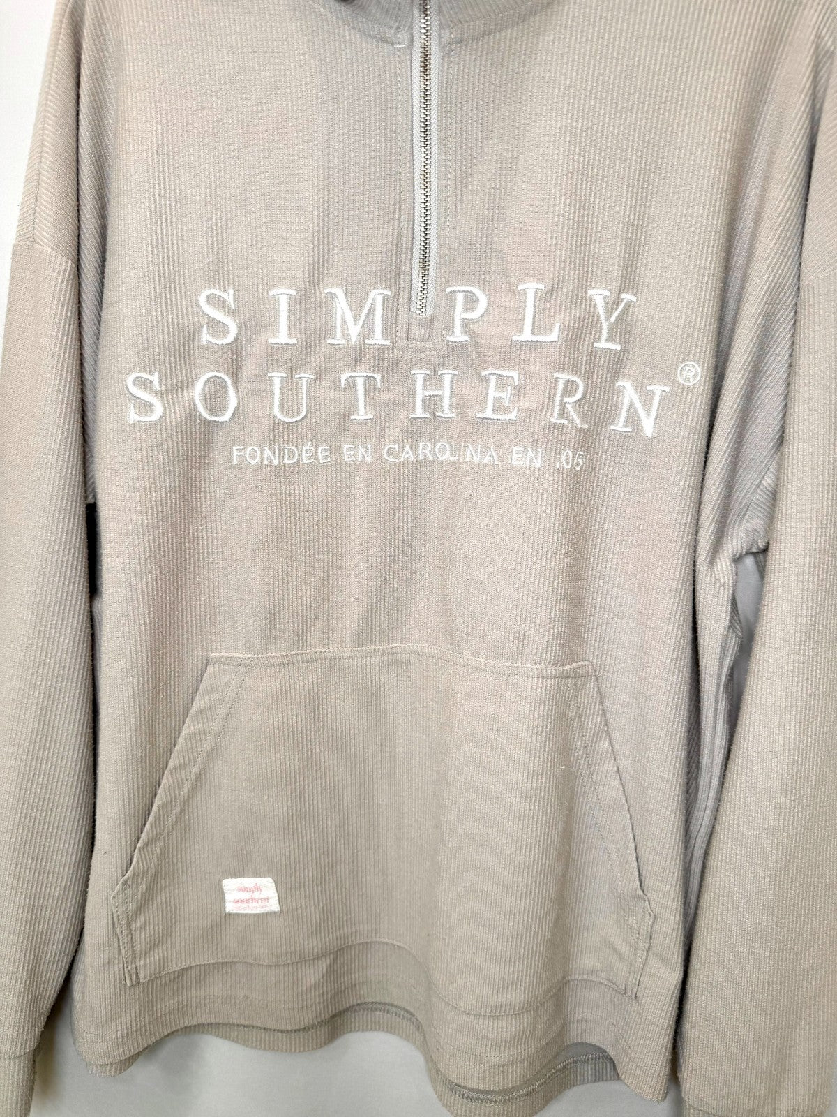 Simply Southern Womens Medium Quarter Zip Ribbed Pullover Sweatshirt Taupe Grey