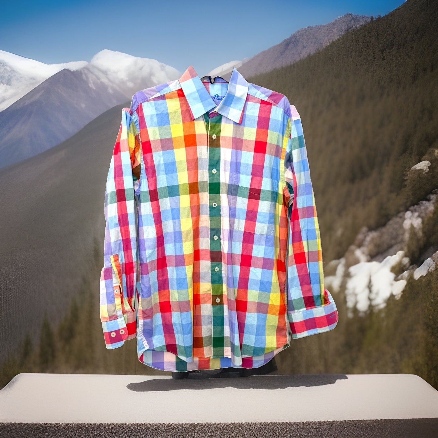 Alan Flusser multi-color rainbow plaid button-down shirt is a size Small
