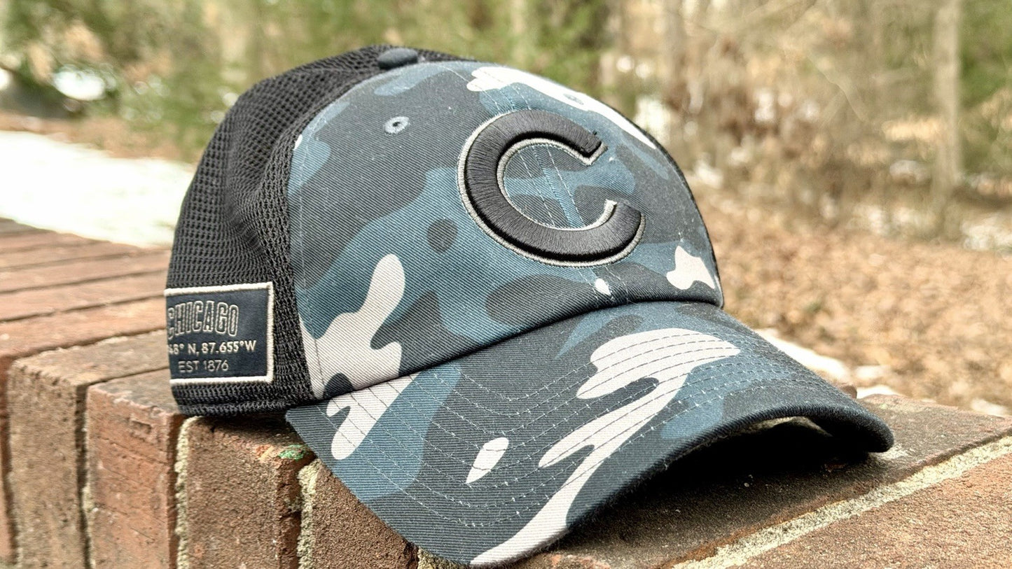 Chicago Cubs Fanatics Brand Camo Trucker Adjustable Hat Coordinates Patch