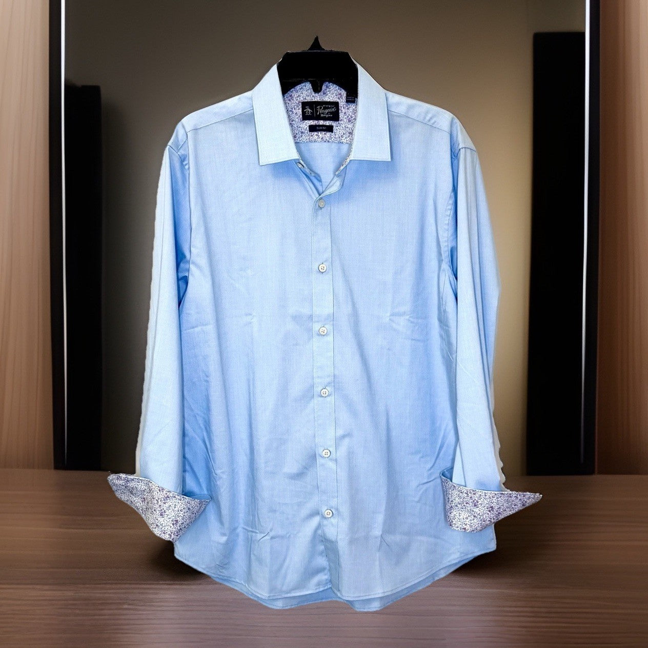 Original Penguin Shirt Mens 16 32/33 Light Blue Heritage Slim Fit Stretch Shirt