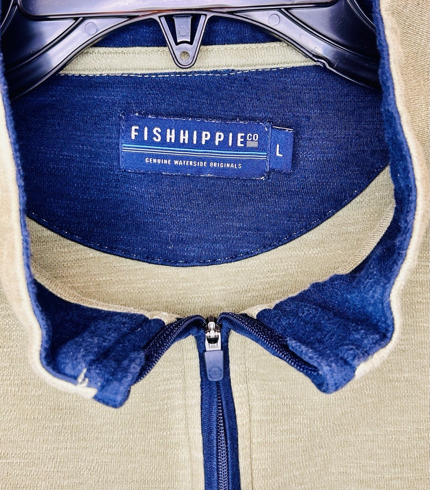 Fish Hippie 1/4 Zip Pullover L Men Olive Green / Navy Cotton Modal Made India