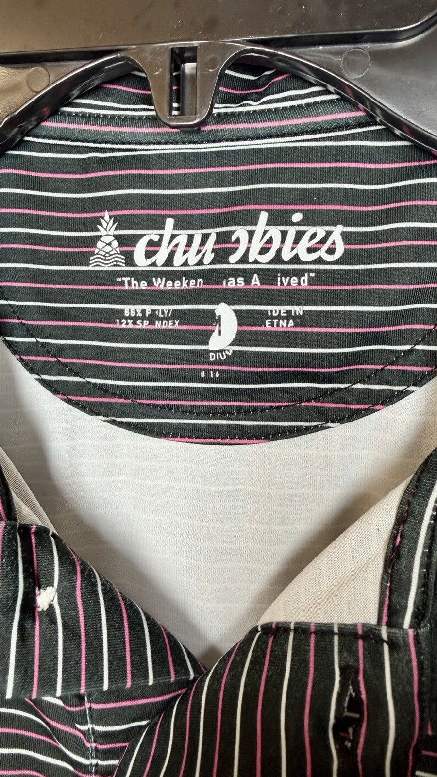 Chubbies Performance Golf Polo Shirt Navy Blue Striped Flamingo Mens M Medium