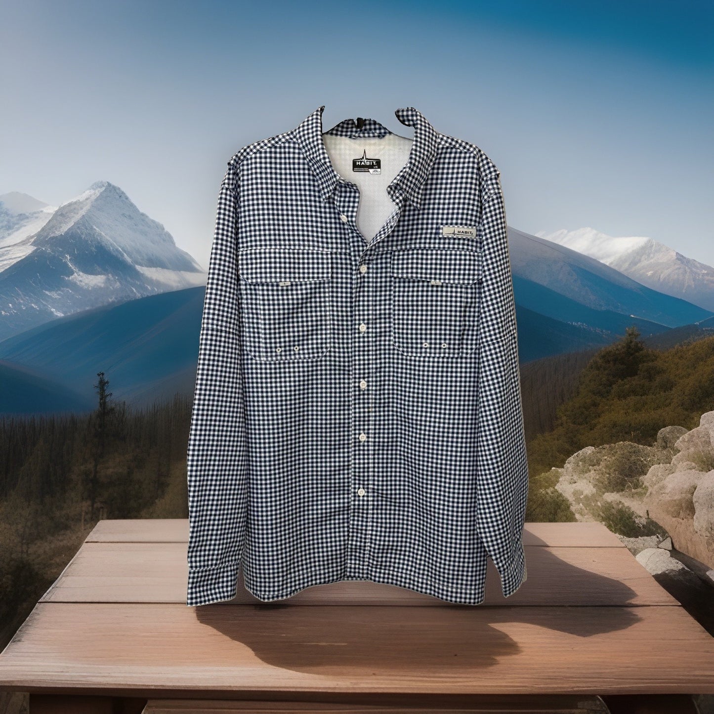 Habit Men's Large Blue Gingham Plaid Long Sleeve Vented Fishing Button Up Shirt