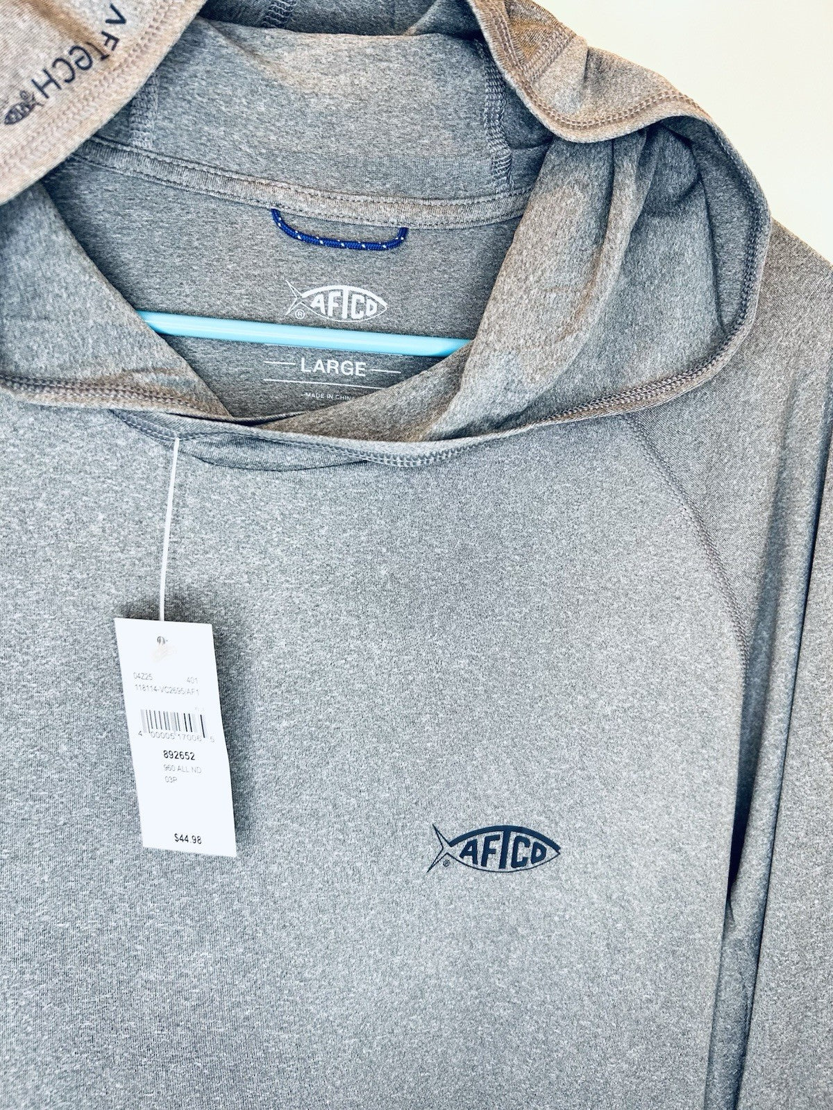 NWT AFTCO SAMURAI HOODED SUN SHIRT - MEN’S SIZE LARGE - GREY WITH BLUE LOGO