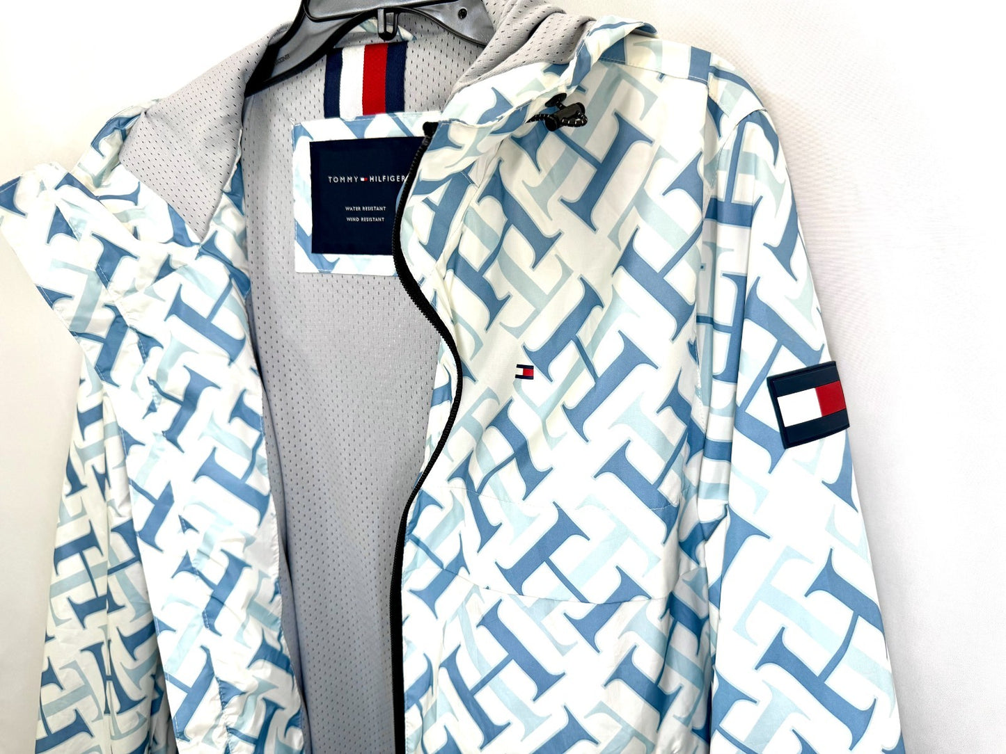 Tommy Hilfiger Womens M Windbreaker Jacket Hooded Monogram Print Water Resistant