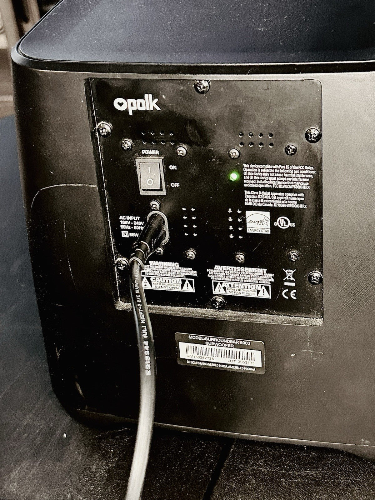 Polk-Audio Surroundbar 5000 Subwoofer Only Black Speaker - Powers On & Works!