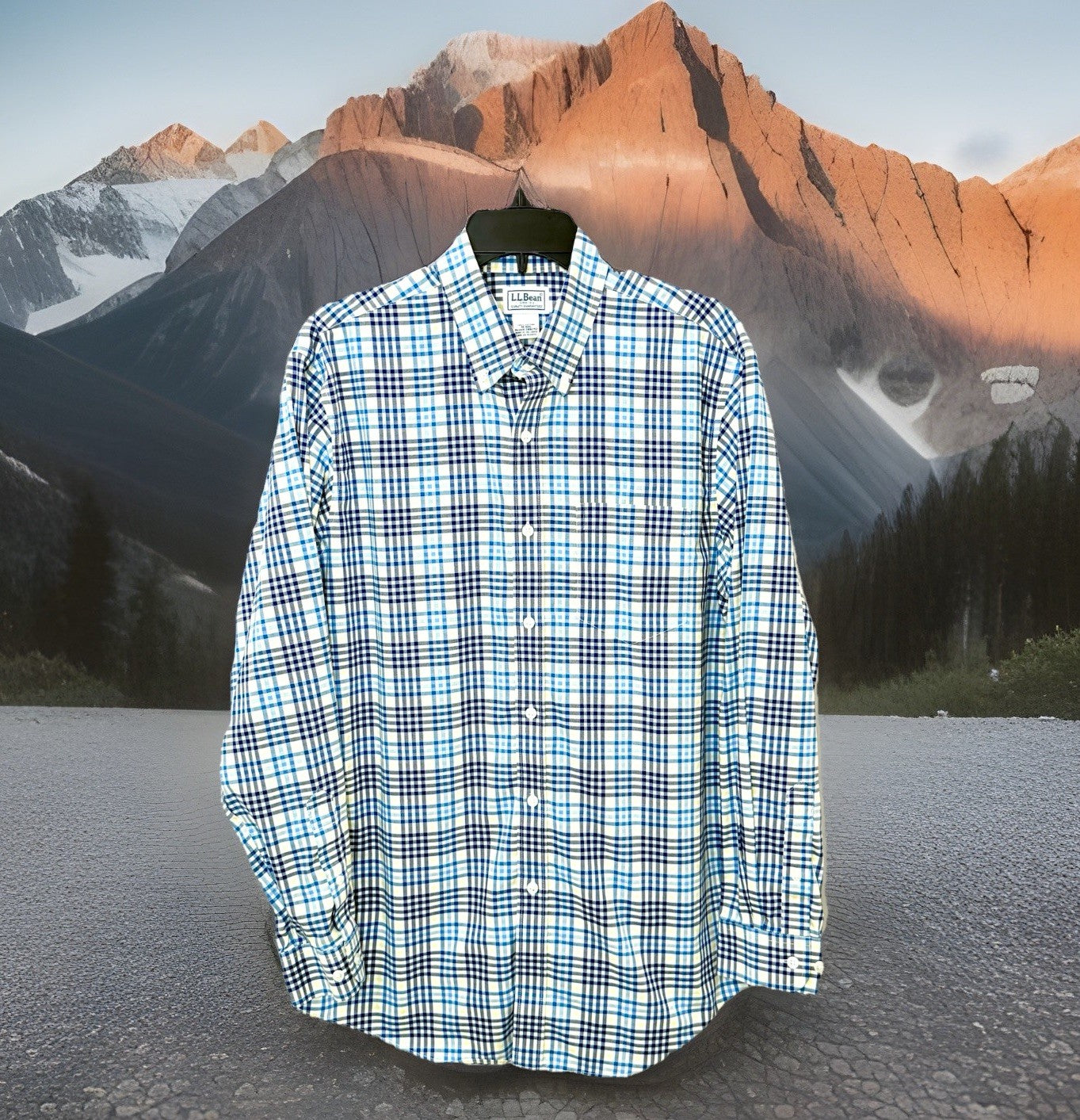 LL Bean Shirt Mens Medium White Blue Yellow Plaid Button Up Long Sleeve Cotton