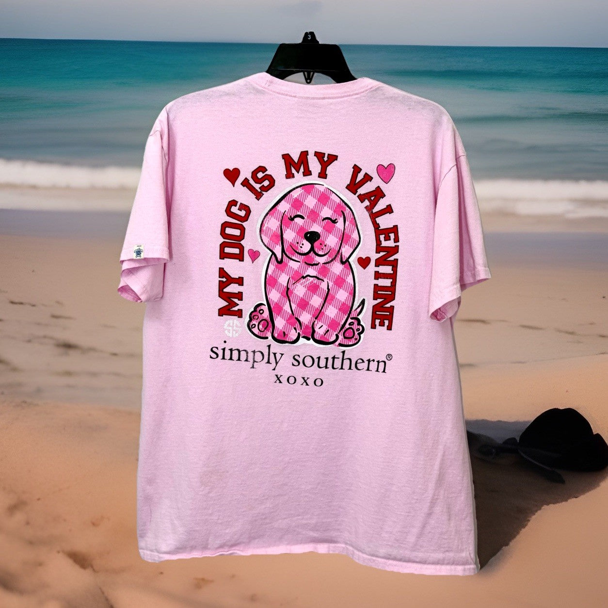 Simply Southern Womens Large L Pink My Dog Is My Valentine Shirt Plaid Puppy EUC