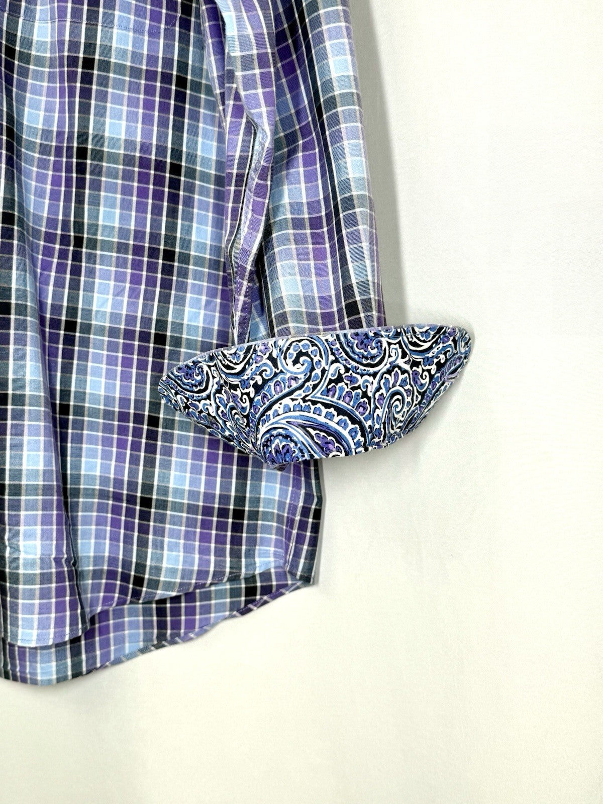 Alan Flusser Mens Medium M Purple Plaid Paisley Trim LS Button Front Sport Shirt