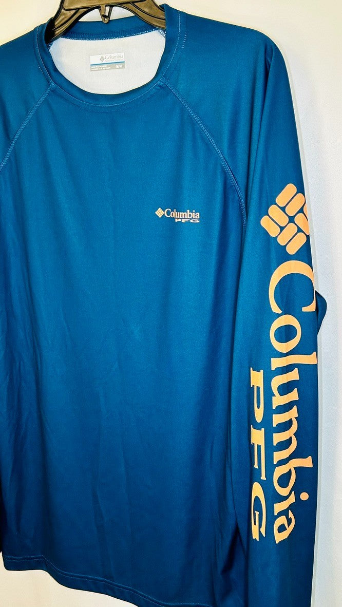 Columbia Fishing Shirt Mens Long Sleeve Fish USA Flag Blue Size Medium