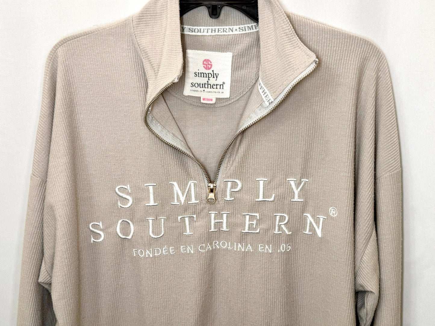 Simply Southern Womens Medium Quarter Zip Ribbed Pullover Sweatshirt Taupe Grey