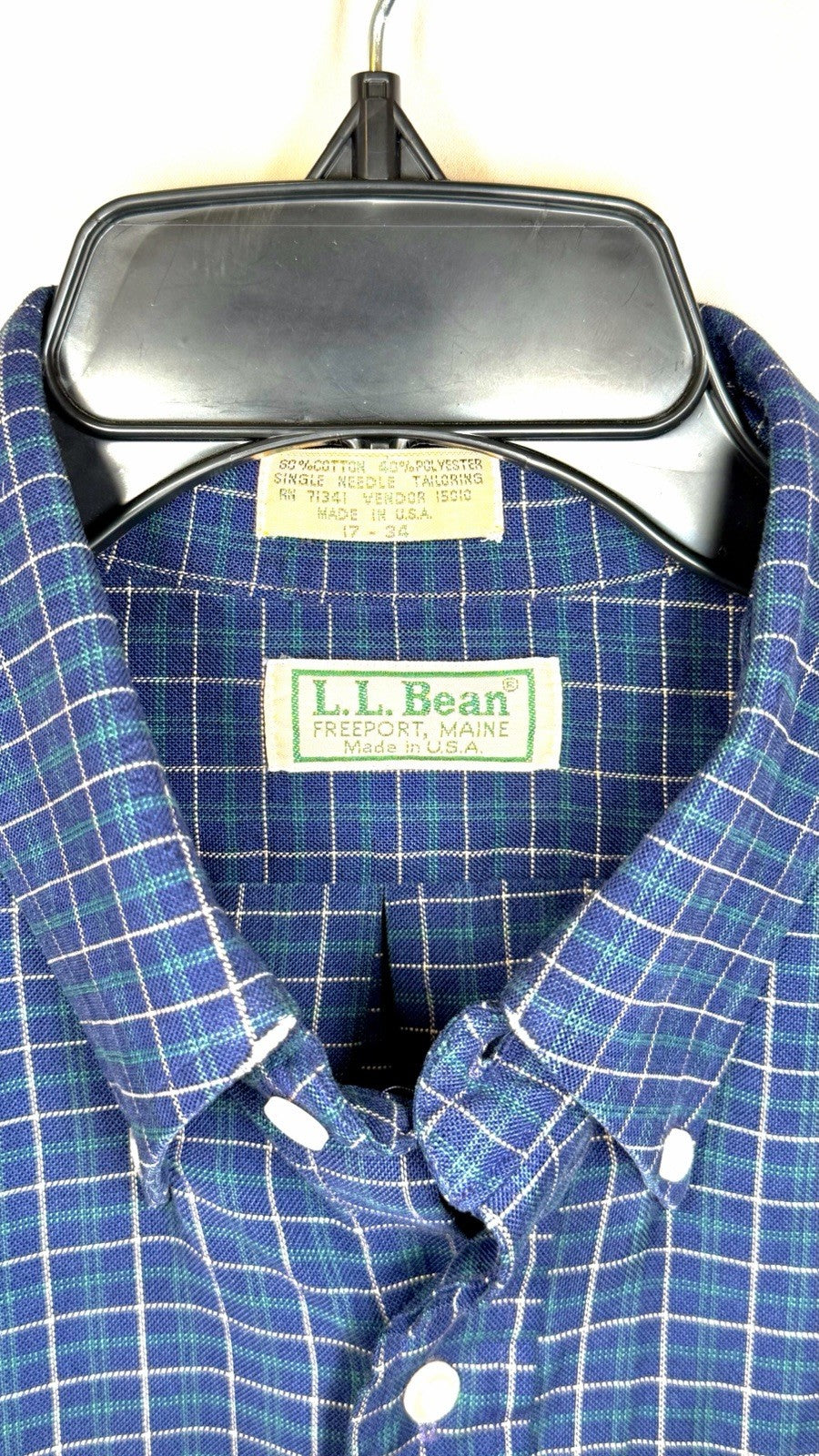 Vintage LL Bean Green and Navy Plaid Button Down Shirt Made in USA Men Sz 17-34