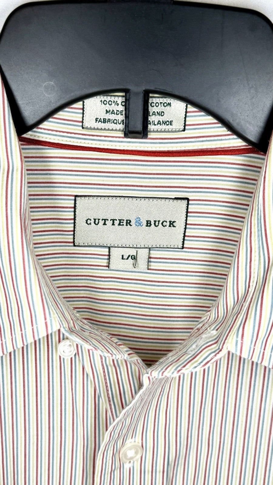 Cutter & Buck Shirt Mens Large Button Up Beige Striped Short Sleeve 100% Cotton
