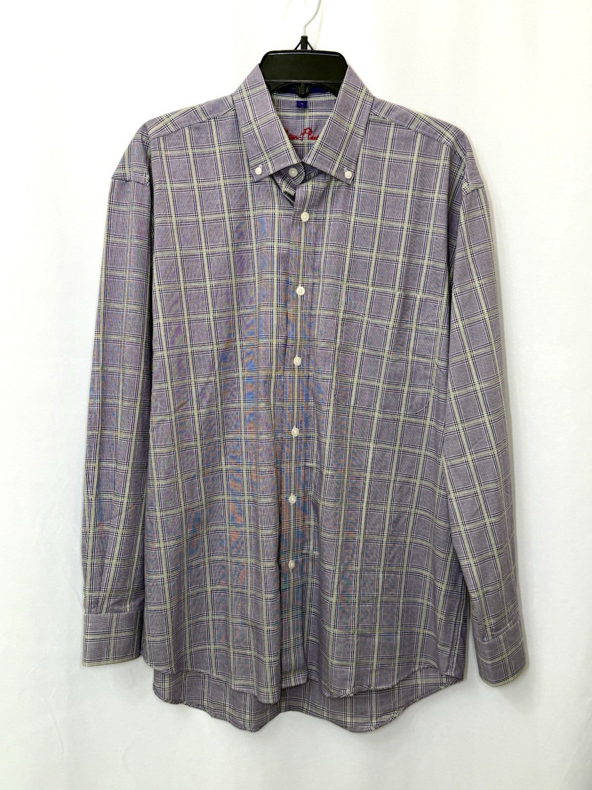 Alan Flusser Men's L Purple Lavender Plaid Check Button Up Long Sleeve Shirt