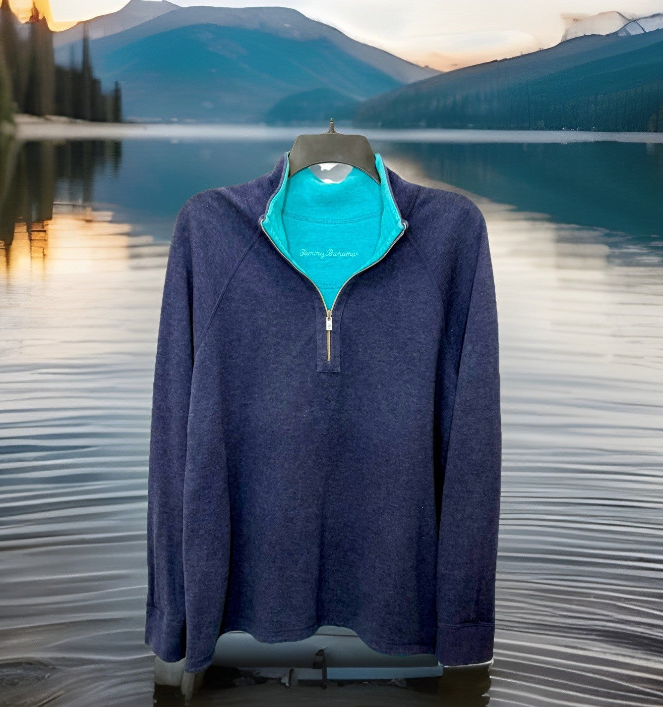 Tommy Bahama Flipshore Reversible Half Zip Pullover Women’s Large L Navy Teal