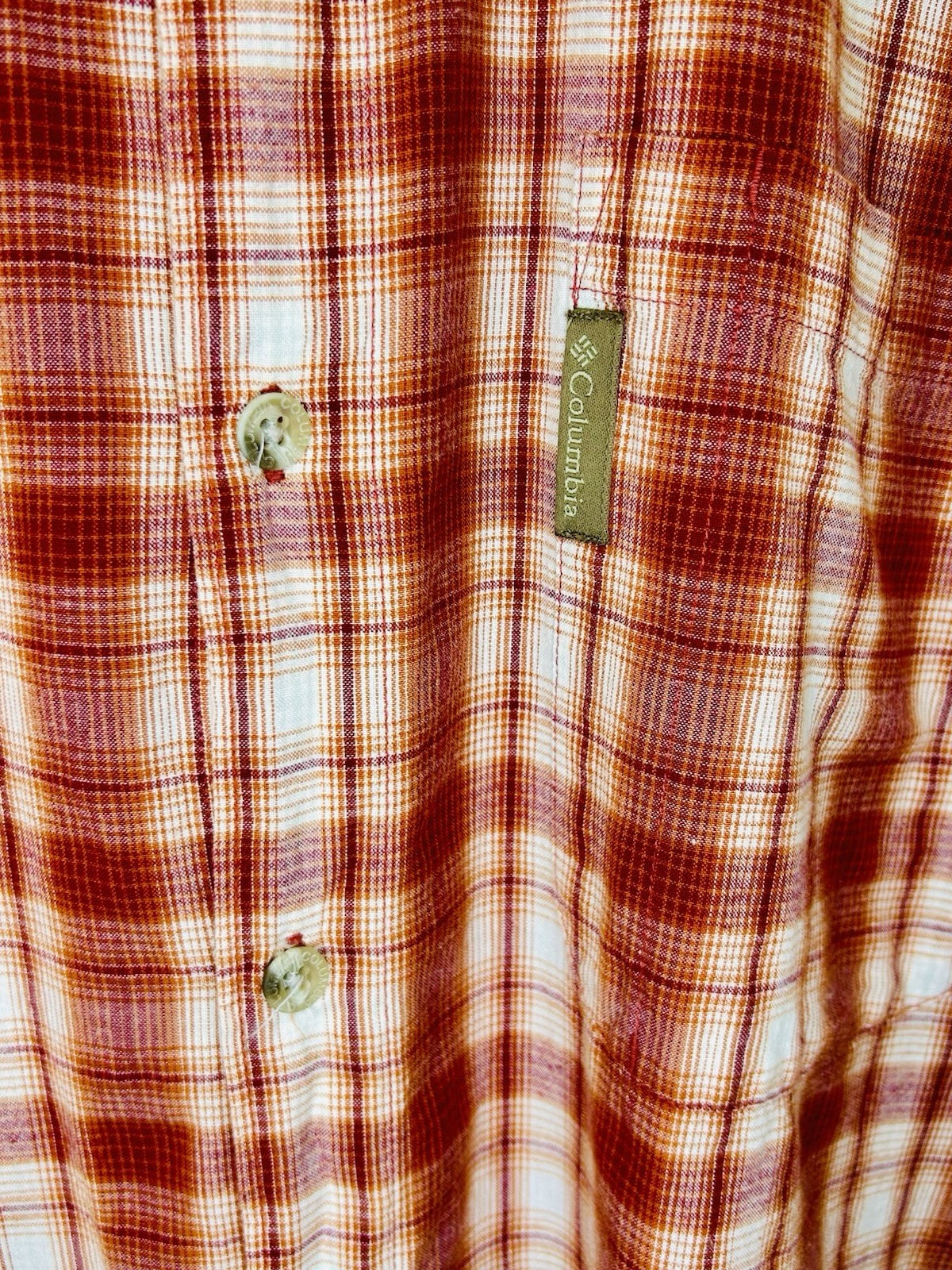 Columbia Plaid Button Up Shirt Short Sleeve Outdoor Casual Red White Large